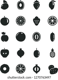 Solid Black Vector Icon Set - strawberry vector, a pineapple, peach, tasty apple, raspberry, medlar, half of, mango, delicious plum, melon, date fruit, tangerine, passion, yellow lemon, juicy, slice