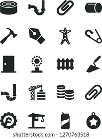 Solid Black Vector Icon Set - clip vector, open pin, crane, tower, trowel, siphon, sewerage, ntrance door, star gear, new radiator, hammer with claw, canned goods, soda can, power line, pipe, coins
