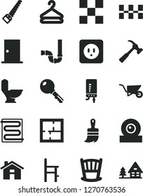 Solid Black Vector Icon Set - house vector, cradle, a chair for feeding, building trolley, arm saw, wooden paint brush, toilet, siphon, laying out, power socket type b, entrance door, tile, key