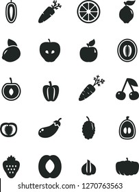 Solid Black Vector Icon Set - carrot vector, strawberry, cherry, quince, apricot, tasty apple, mulberry, half peach, melon, loquat, sweet date fruit, yellow lemon, juicy, tomato, Bell pepper, garlic