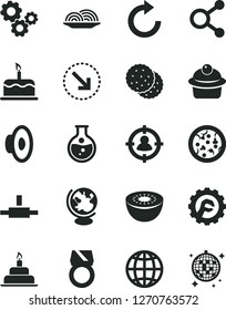 Solid Black Vector Icon Set - clockwise vector, loudspeaker, birthday cake, star gear, earth, right bottom arrow, pizza, onion, muffin, biscuit, kiwi, round flask, connections, man in sight, gears