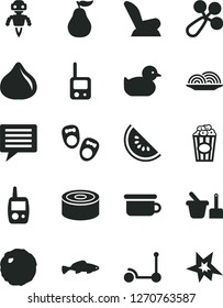 Solid Black Vector Icon Set - image of thought vector, baby rattle, car child seat, duckling, toy phone, mobile, sand set, children's potty, Kick scooter, shoes for little children, canned goods