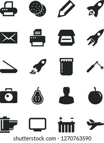 Solid Black Vector Icon Set - envelope vector, camera roll, jam, biscuit, tasty plum, part of guava, battery, welding, woman, space rocket, pencil, monitor, printer, scanner, private plane