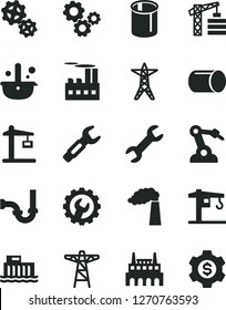 Solid Black Vector Icon Set - crane vector, tower, sewerage, gear, manufacture, hydroelectric station, power line, pole, industrial building, factory, gears, Construction, pipe, pipes, robot welder