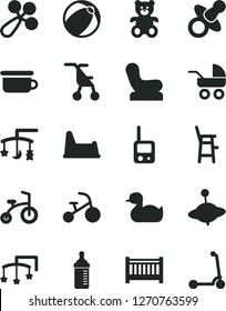 Solid Black Vector Icon Set - baby cot vector, toys over the cradle, dummy, measuring bottle for feeding, rattle, chair, carriage, sitting stroller, rubber duck, bath ball, toy phone, a child, yule