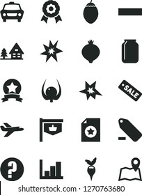 Solid Black Vector Icon Set - minus vector, remove label, negative histogram, question, car, medlar, tamarillo, physalis, radish, jar, vintage sign, season sale, medal, bang, star ribbon, map