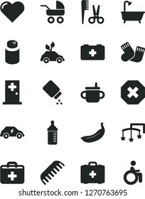 Solid Black Vector Icon Set - mark of injury vector, first aid kit, toys over the cot, mug for feeding, measuring bottle, powder, baby, carriage, accessories a hairstyle, comb, warm socks, medical