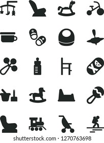 Solid Black Vector Icon Set - toys over the cradle vector, feeding bottle, baby bib, beanbag, rattle, chair, car child seat, summer stroller, tumbler, toy sand set, children's potty, a for, train