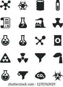 Solid Black Vector Icon Set - round flask vector, manufacture, factory, oil, barrel, radiation, carbon dyoxide, filter, water, research article, test tube, molecule, nuclear, biohazard