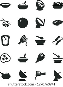 Solid Black Vector Icon Set - deep plate with a spoon vector, plates and spoons, spaghetti, noodles, bowl of buckwheat porridge, rice, lettuce in, chicken, grill leg, chop, meat on skewers, cabbage
