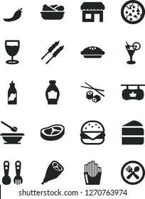 Solid Black Vector Icon Set - plates and spoons vector, plastic fork, pizza, big burger, piece of cake, pie, lettuce in a plate, grill chicken leg, bacon, barbecue, fried potato slices, glass, kiosk