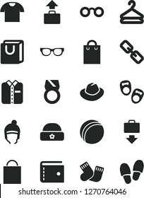 Solid Black Vector Icon Set - paper bag vector, purse, spectacles, hat, bath ball, warm socks, shoes for little children, winter, with handles, T shirt, folded, hanger, glasses, gold ring, baggage