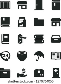 Solid Black Vector Icon Set - book vector,  books, window frame, door knob, entrance, umbrella, folder, drawer, cardboard box, 24, package, half of coconut, kiosk, stall, get a wage, medical room