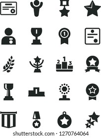 Solid Black Vector Icon Set - star vector, pedestal, patente, winner, laurel branch, award, cup, gold, man with medal, pennant, hero, ribbon, certificate, flag, three stars