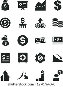 Solid Black Vector Icon Set - dollar vector, line chart, strongbox, coins, recession, a crisis, article on the, dollars, cash, financial report, growth arrows, money bag hand, coin, pedestal, column
