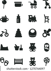 Solid Black Vector Icon Set - baby cot vector, dummy, mug for feeding, bottle, bib, carriage, sitting stroller, stacking rings, roly poly doll, toy sand set, children's potty, chair, a child, small