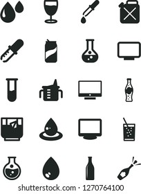 Solid Black Vector Icon Set - measuring cup for feeding vector, drop, screen, a glass of soda, tea, can, bottle, round flask, canister, oil, monitor, test tube, pipette, champagne