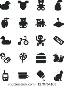 Solid Black Vector Icon Set - baby powder vector, Child T shirt, rubber duck, duckling, warm socks, toy mobile phone, children's potty, teddy bear, small, train, yule, bicycle, shoes, piece of cake