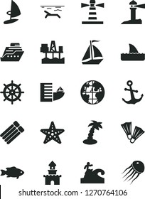 Solid Black Vector Icon Set - anchor vector, fish, commercial seaport, lighthouse, coastal, planet, sand castle, sail boat, hotel, beach, palm tree, starfish, flippers, surfing, handwheel, cruiser