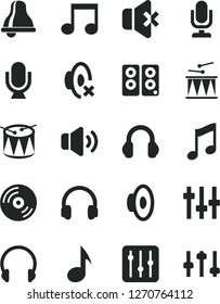 Solid Black Vector Icon Set - bell vector, desktop microphone, loudspeaker, silent mode, drumroll, drum, headphones, music, CD, regulator, volume, no sound, pc speaker, note, settings