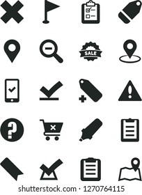 Solid Black Vector Icon Set - warning vector, bookmark, zoom out, cross, add label, pennant, question, crossed cart, survey, location, geolocation, text highlighter, sale, clipboard, vote check, map