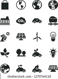 Solid Black Vector Icon Set - sign of the planet vector, paper bag, solar panel, big, leaves, windmill, Earth, bulb, hydroelectricity, trees, eco car, environmentally friendly transport, electric
