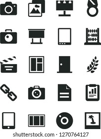 Solid Black Vector Icon Set - camera vector, scribbled paper, spectacles, movie cracker, abacus, window, frame, ntrance door, picture, billboard with illumination, statistical report, tablet pc