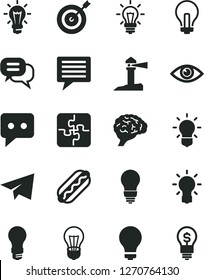 Solid Black Vector Icon Set - image of thought vector, matte light bulb, incandescent lamp, paper airplane, Puzzles, eye, Hot Dog, coastal lighthouse, think, brain, target, dialog, idea