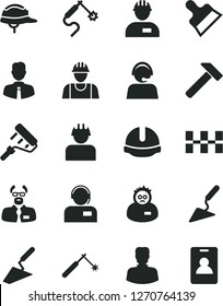 Solid Black Vector Icon Set - builder vector, workman, trowel, building, paint roller, ceramic tiles, construction helmet, putty knife, hammer, employee, operator, welding, gas, woman, scientist