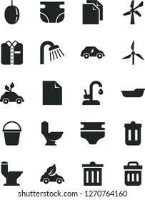 Solid Black Vector Icon Set - bin vector, clean sheet of paper, diaper, nappy, bath, bucket, toilet, comfortable, shower, kitchen faucet, folded shirt, passion fruit, windmill, wind energy, eco car