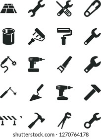 Solid Black Vector Icon Set - paint roller vector, repair key, safety pin, building trowel, small tools, adjustable wrench, cordless drill, hand saw, paving slab, road fence, hammer, with claw, gas