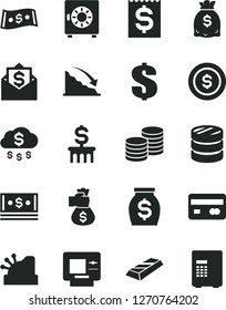 Solid Black Vector Icon Set - dollar vector, strongbox, coins, reverse side of a bank card, column, recession, financial item, money, dollars, cash, cashbox, gold bar, bag hand, rain, coin, mail