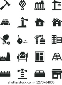 Solid Black Vector Icon Set - house vector, tower crane, hook, concrete mixer, window, ladder, city block, brick, building, paving slab, hammer with claw, core, hydroelectricity, thermal power plant
