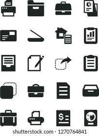 Solid Black Vector Icon Set - archive vector, estimate, case, folder, pass card, drawer, notes, copy, move right, portfolio, briefcase, statistical report, article on the dollar, research, printer