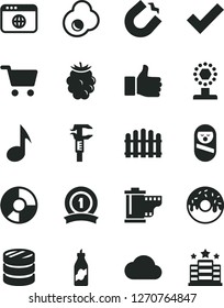 Solid Black Vector Icon Set - check mark vector, camera roll, roly poly doll, hedge, glazed cake with a hole, fried egg, liquor, blackberry, horseshoe magnet, caliper, shopping cart, column of coins