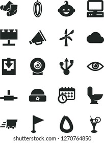 Solid Black Vector Icon Set - horn vector, pennant, download archive data, Knitted Socks, funny hairdo, warm hat, toilet, eye, lens, stick of sausage, sweet date fruit, wind energy, urgent cargo