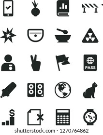Solid Black Vector Icon Set - deep plate with a spoon vector, sink, road fence, passport, flag, delete page, beet, text highlighter, book on statistics, pc speaker, nuclear, calculator, bang, earth