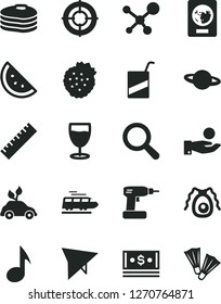 Solid Black Vector Icon Set - yardstick vector, magnifier, e, cordless drill, planet, glass, strawberries, orange slice, pancakes, environmentally friendly transport, catch a coin, cash, note, aim