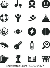 Solid Black Vector Icon Set - camera roll vector, birthday cake, book, porridge in a saucepan, japanese sushi, test tube, atom, brain, artifical insimination, saturn, electricity, winner, gold cup