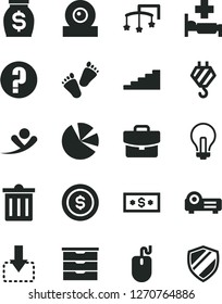 Solid Black Vector Icon Set - incandescent lamp vector, bin, question, toys over the cot, storage unit, children's tracks, hook, suitcase, move down, money, pie charts, mouse, web camera, projector
