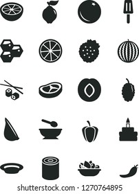 Solid Black Vector Icon Set - deep plate with a spoon vector, tin, birthday cake, of fruit, bacon, garlic, Chinese chopsticks, popsicle, strawberries, orange, honeycombs, quince, plum, mulberry 