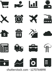 Solid Black Vector Icon Set - alarm clock vector, line chart, upload folder, suitcase, delivery, operator, coal mining, industrial building, cart, catch a coin, engineer calculator, trash bin, cloud