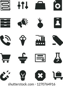 Solid Black Vector Icon Set - mark of injury vector, remove label, storage unit, washbasin, heating coil, bulb, cart, beet, cone, industrial building, loudspeaker, phone call, hand bag, flask