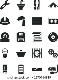 Solid Black Vector Icon Set - iron fork spoons vector, brickwork, gears, washbasin, construction level, helmet, heating coil, electronic boiler, manufacture, bulb, steel repair key, pan, pc tower