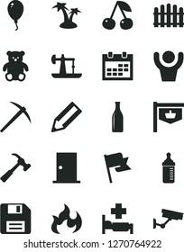 Solid Black Vector Icon Set - floppy disk vector, calendar, measuring bottle for feeding, small teddy bear, balloon, ntrance door, hedge, hammer with claw, flag, cherry, oil derrick, Glass, pencil