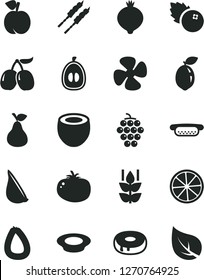 Solid Black Vector Icon Set - stick of sausage vector, mini hot dog, cake with a hole, plate milk, barbecue, tomato, garlic, blueberries, pear, mint, peach, large grape, medlar, tasty cornels, leaf
