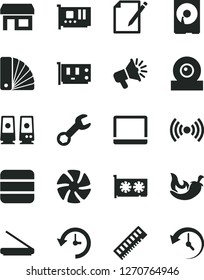 Solid Black Vector Icon Set - color samples vector, notes, chili, stall, loudspeaker, notebook pc, fan, memory, card, gpu, web camera, hdd, scanner, speaker, wireless, big data, repair, history