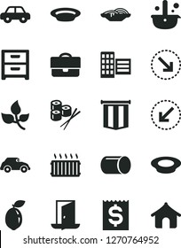 Solid Black Vector Icon Set - motor vehicle vector, city block, left bottom arrow, nightstand, right, slices of onion, a plate milk, sushi set, sour lime, leaves, retro car, pipe, metallurgy