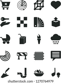 Solid Black Vector Icon Set - heart symbol vector, image of thought, baby stroller, cloud, packing juice with a straw, trowel, color samples, siphon, tile, traffic signal, crossed cart, unpacking
