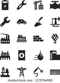 Solid Black Vector Icon Set - repair key vector, tower crane, brick wall, hook, big core, trowel, sea port, charging battery, working oil derrick, modern gas station, valve, hydroelectric, factory